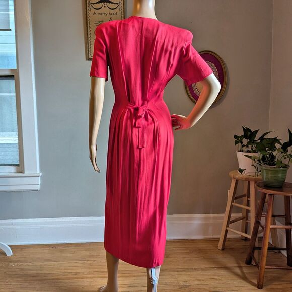 Vintage 90s Scarlett Red Midi Dress Pearl Button Front Shoulder Pads Size 3/4 - Picture 3 of 10